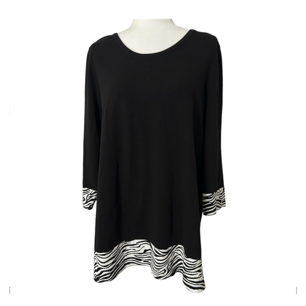CHICO’S Women Top Tunic Zebra Border Scoop Neck Pullover 3/4 Sleeve Black Size 3